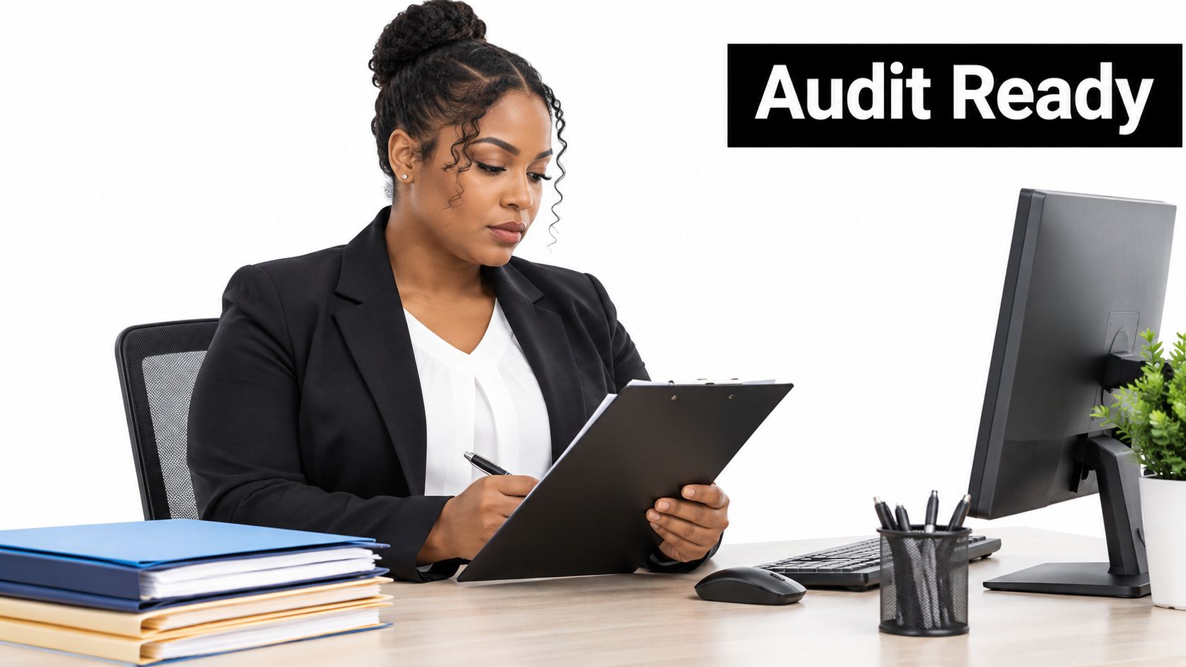 A professional woman in a suit reviewing documents on a clipboard at her desk in an office.