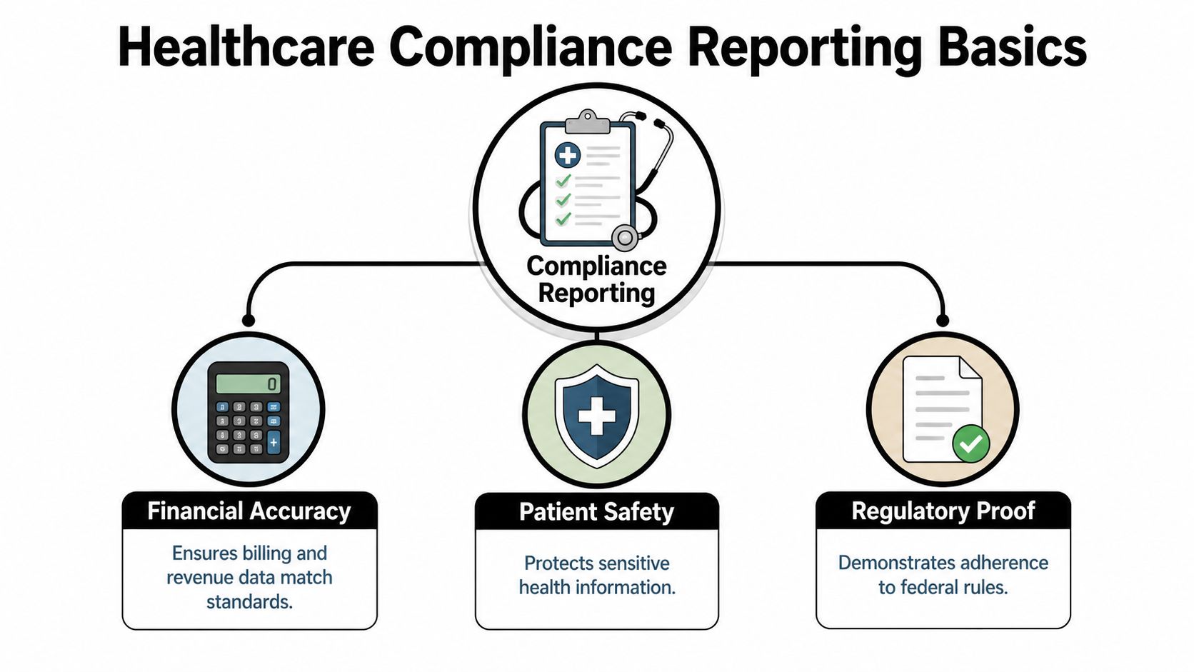 A diagram outlining Healthcare Compliance Reporting basics including financial accuracy, patient safety, and regulatory proof categories.