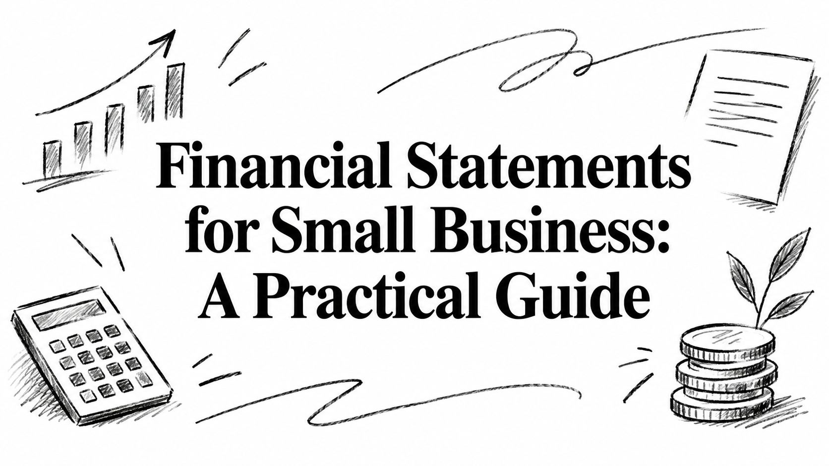 financial-statements-for-small-business-financial-guide Hand-drawn cover featuring the title 'Financial Statements for Small Business: A Practical Guide' with a calculator, coins, and plant sketches.