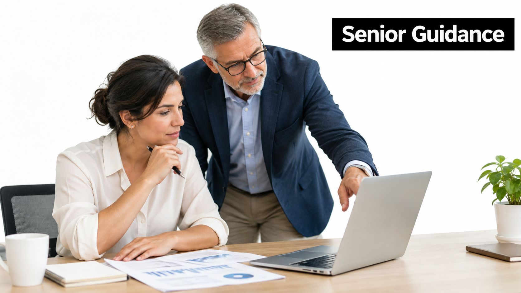 A senior mentor guiding a young professional on financial statements while working together on a laptop.