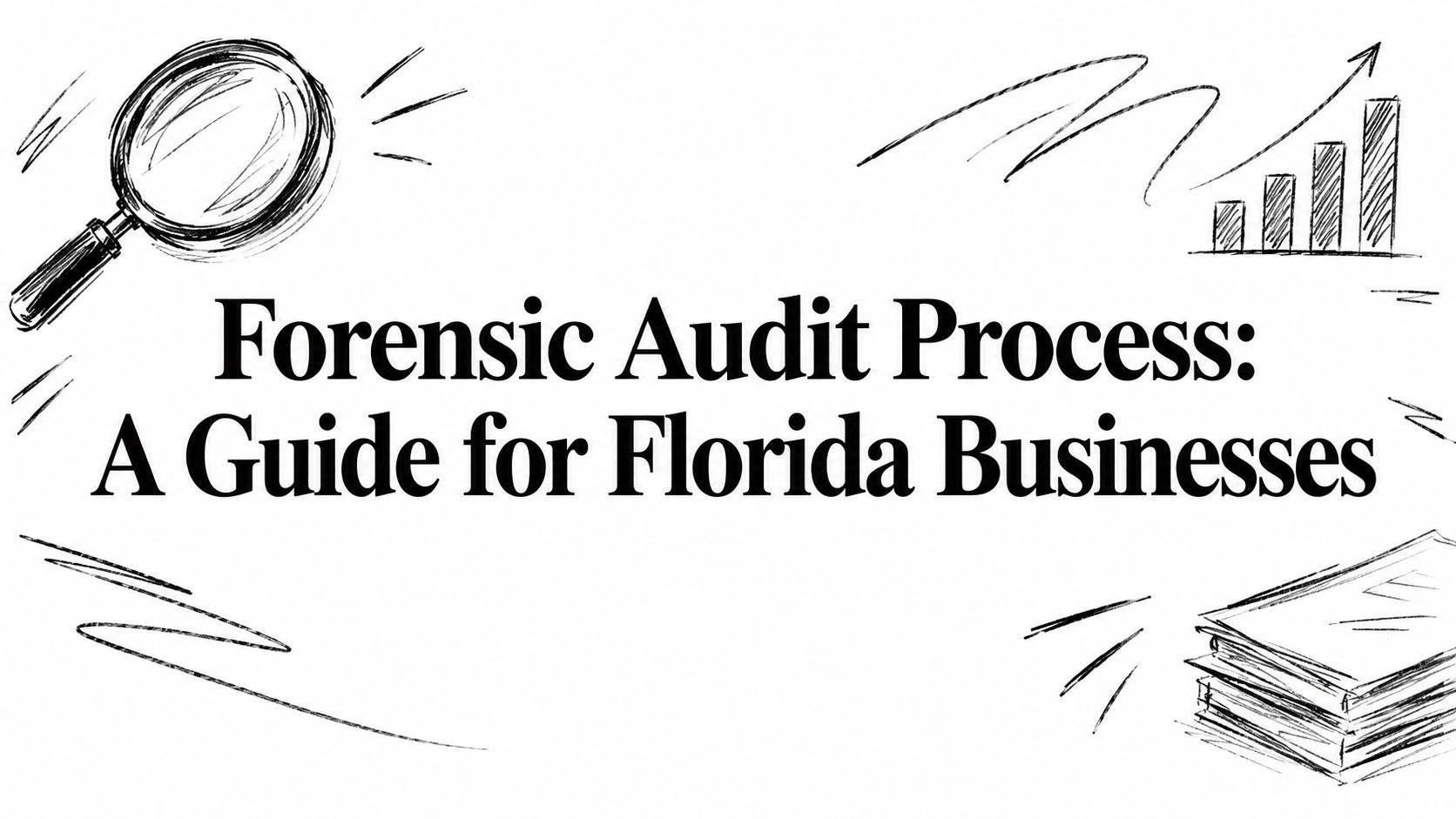 forensic-audit-process-business-audit Title card reading 'Forensic Audit Process: A Guide for Florida Businesses' with a magnifying glass, rising bar chart, and a stack of papers drawn in sketchy lines.