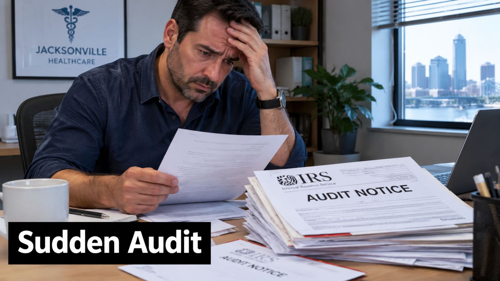 A distressed businessman looking at a pile of IRS audit notices in his office at Jacksonville Healthcare.