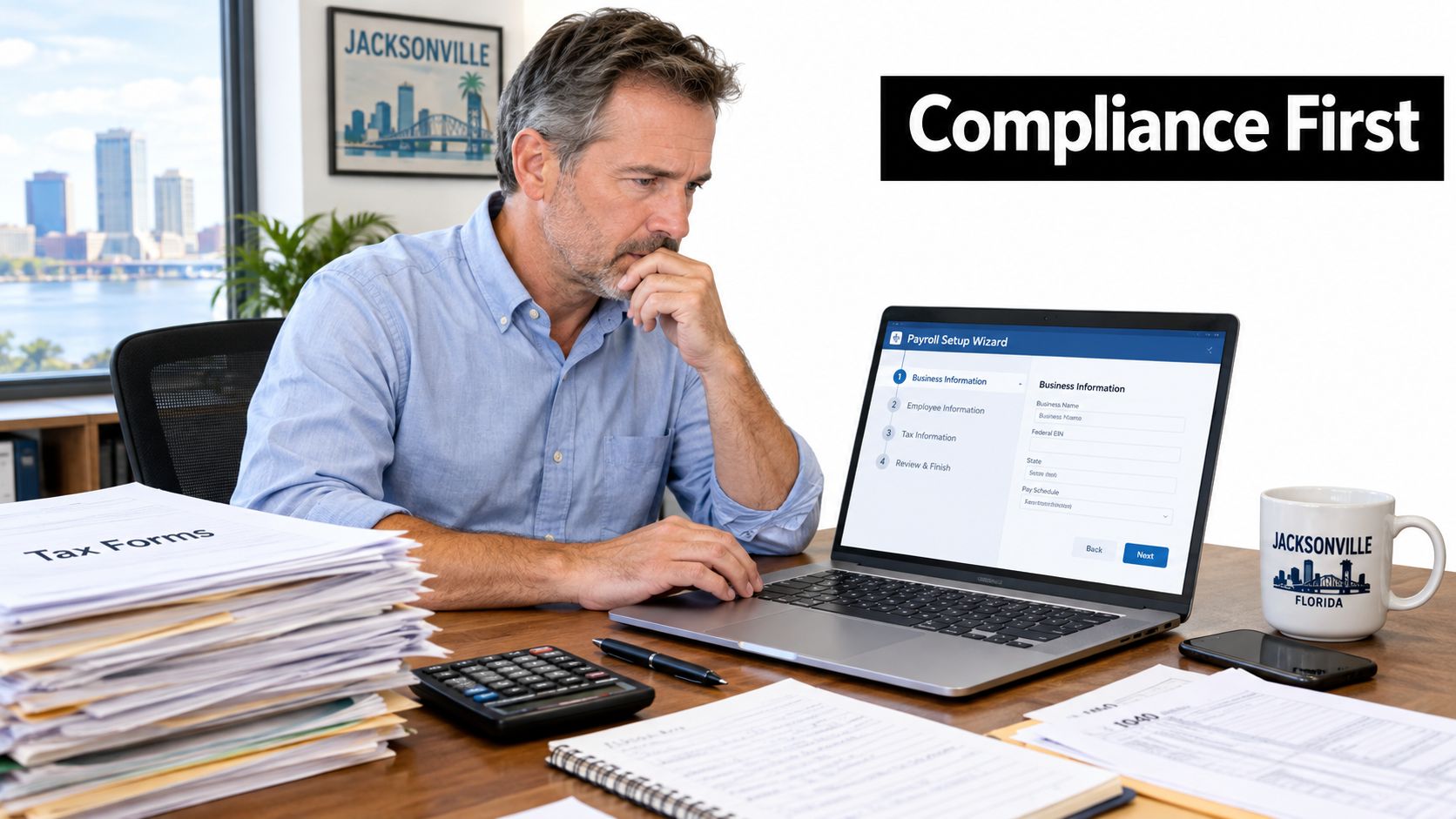 A middle-aged man working on a laptop with a payroll setup wizard while sitting at a desk.