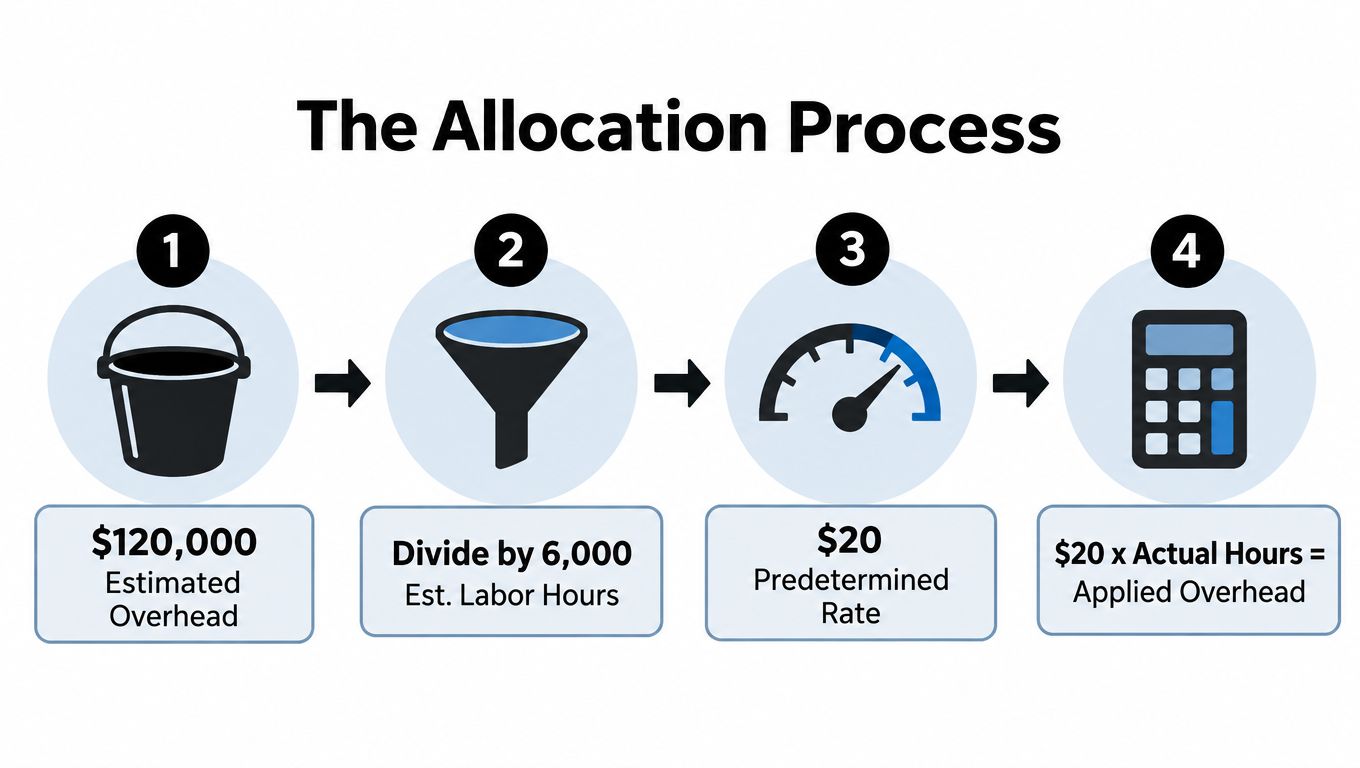 A four-step infographic illustrating the overhead allocation process using estimated costs and labor hours in accounting.