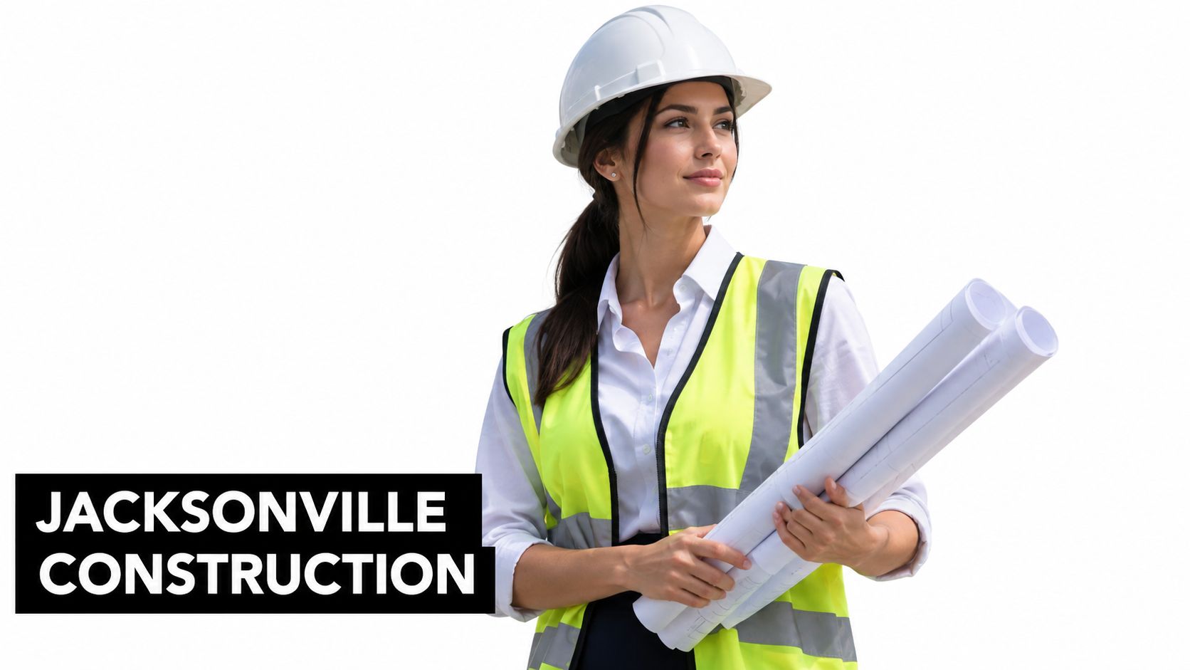 A female construction project manager wearing a hard hat and safety vest holding architectural blueprints.