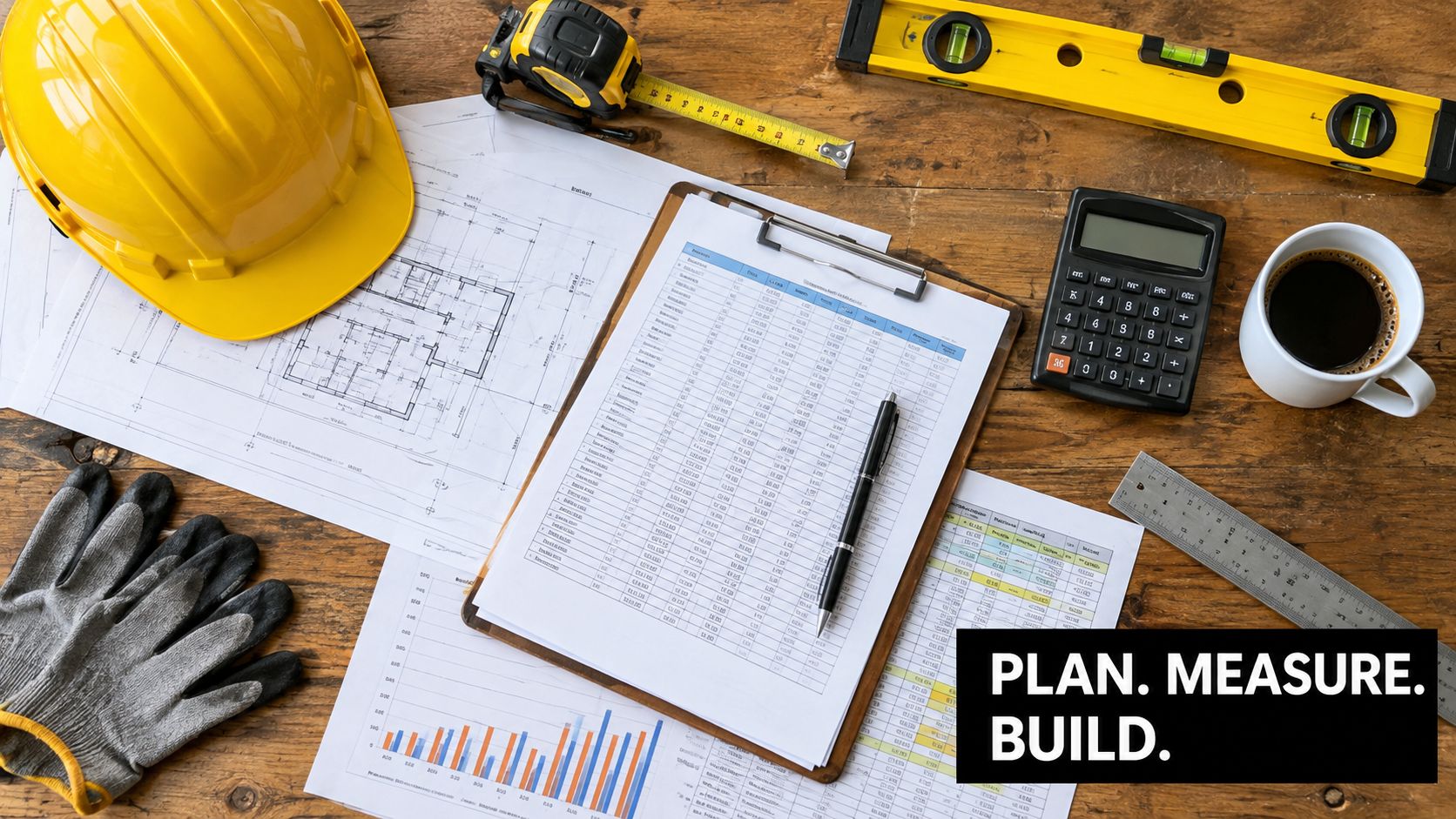 A high-angle view of construction site items including blueprints, tools, calculator, and a coffee mug.
