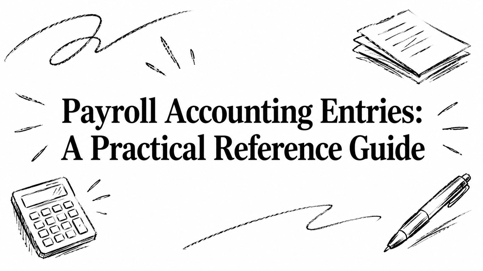 payroll-accounting-entries-accounting-guide Title banner reading 'Payroll Accounting Entries: A Practical Reference Guide' with a calculator, pen, and notebook doodles in the margins.