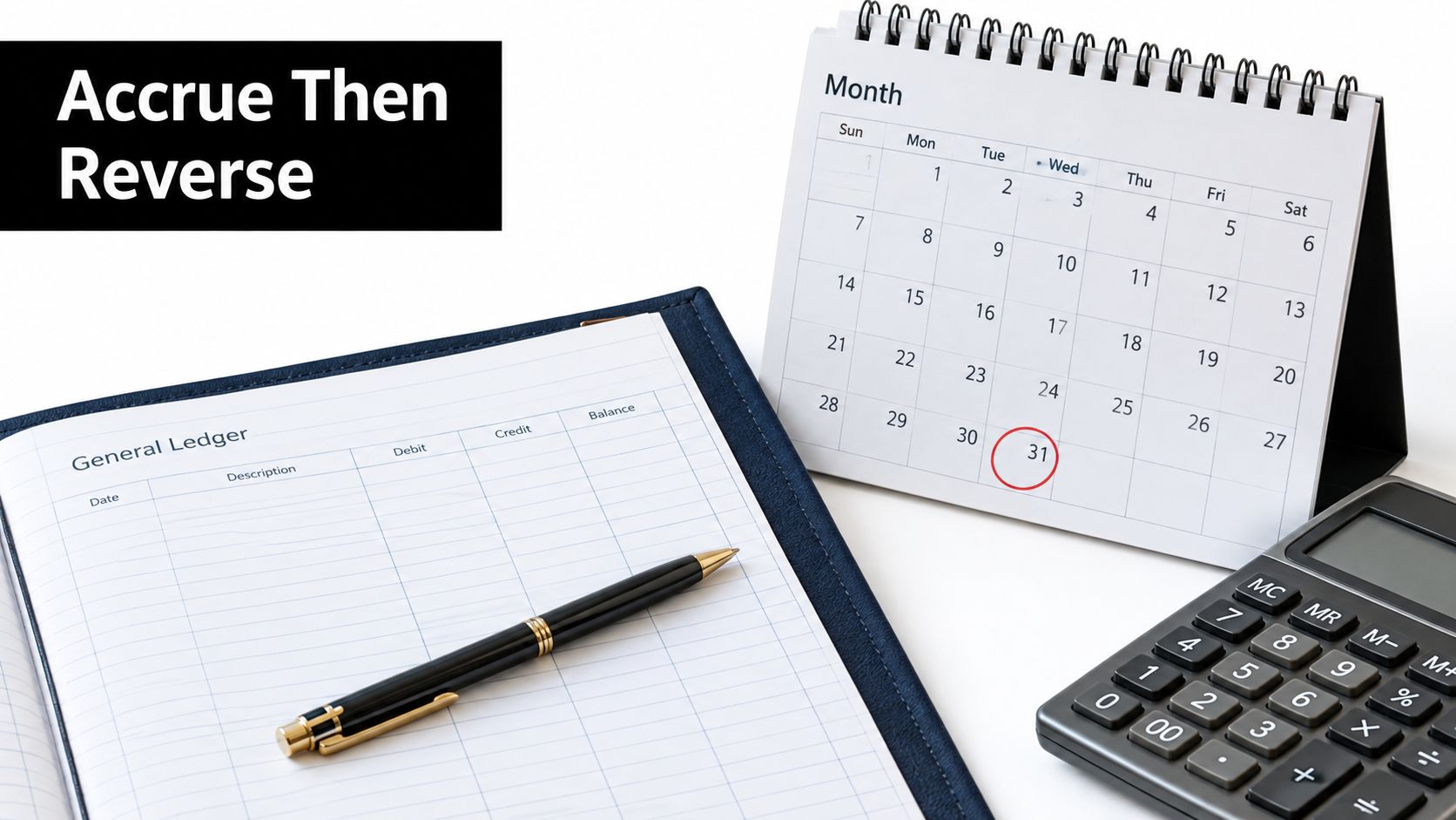 A desktop scene featuring a general ledger book, a pen, a calculator, and a calendar marked on day 31.