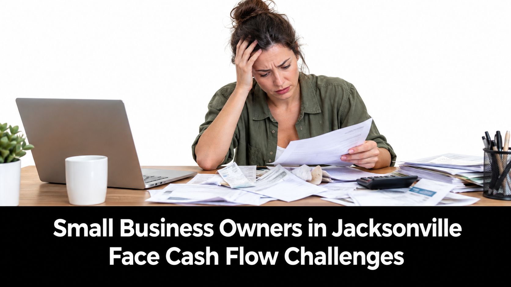A stressed woman sitting at a desk with a laptop and disorganized paperwork, managing small business finances.