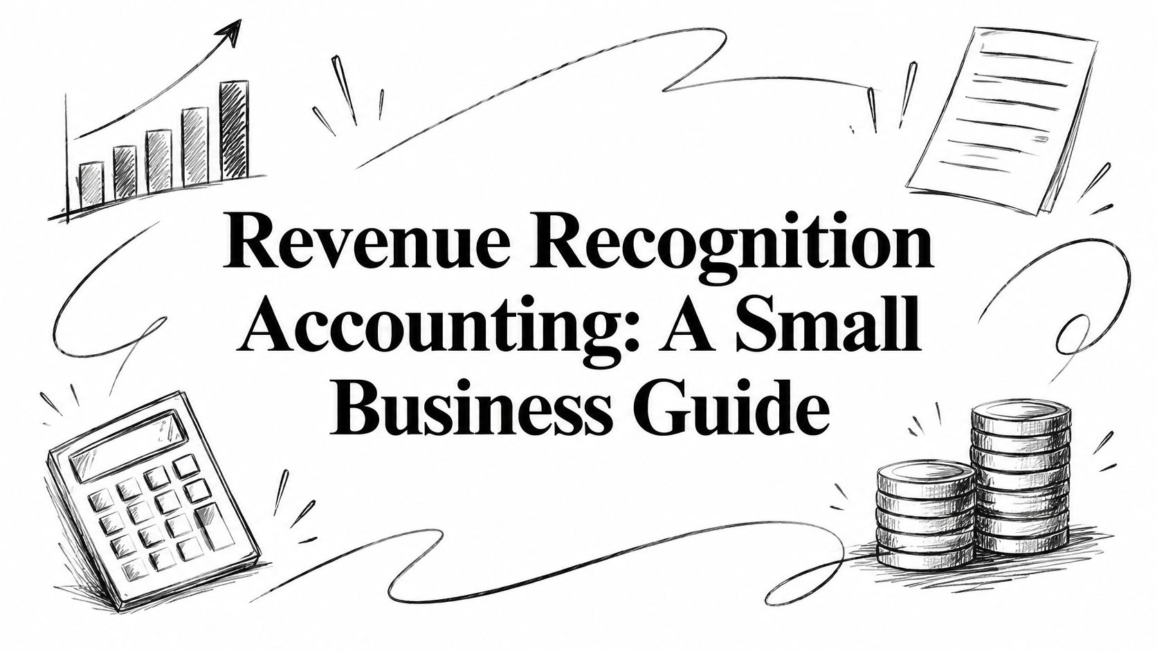 Title card: Revenue Recognition Accounting: A Small Business Guide, with doodles of a calculator, coins, a bar chart, and a document.