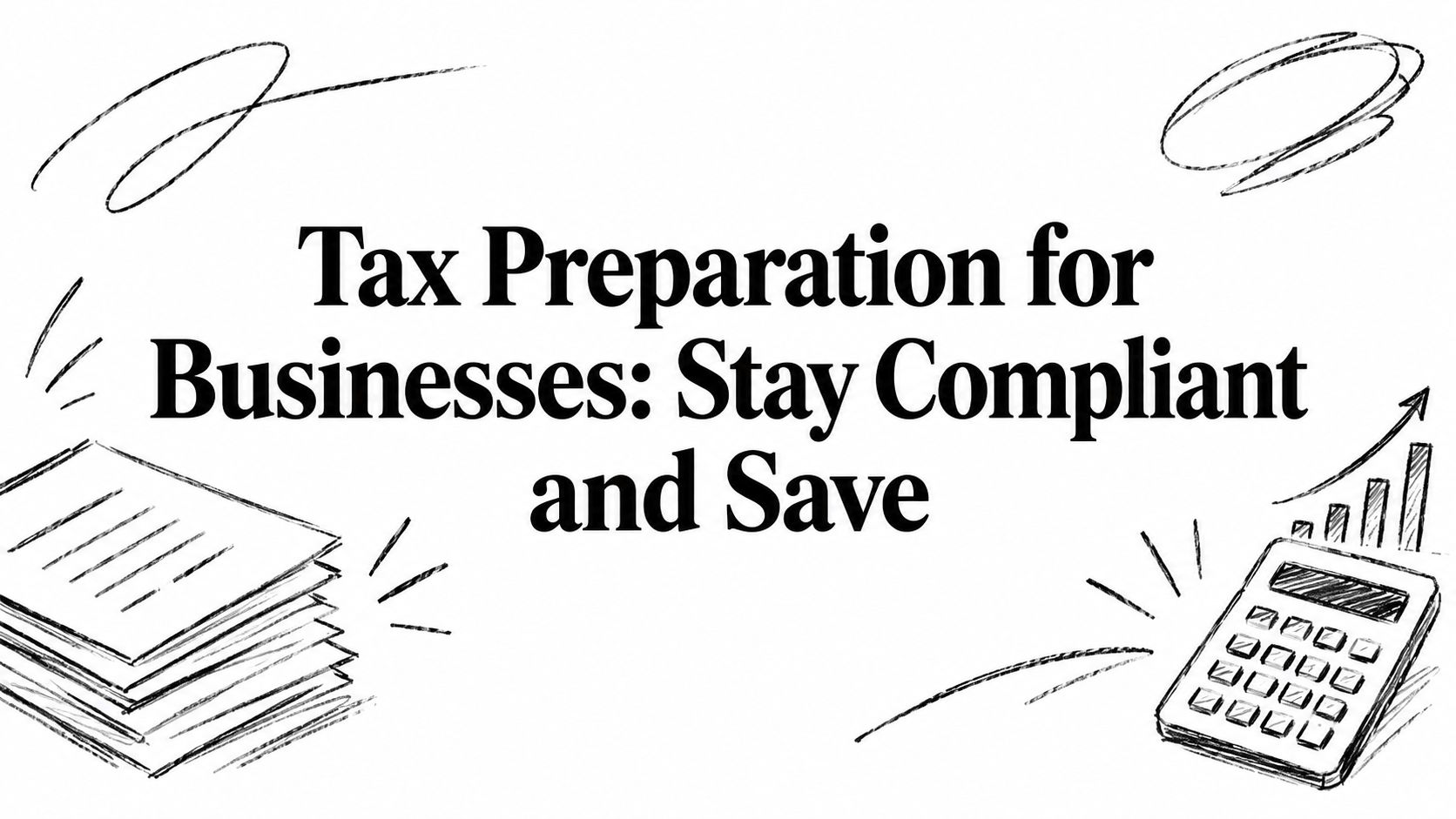 Banner text: 'Tax Preparation for Businesses: Stay Compliant and Save' with a calculator and stacked papers doodles to convey tax prep for businesses.
