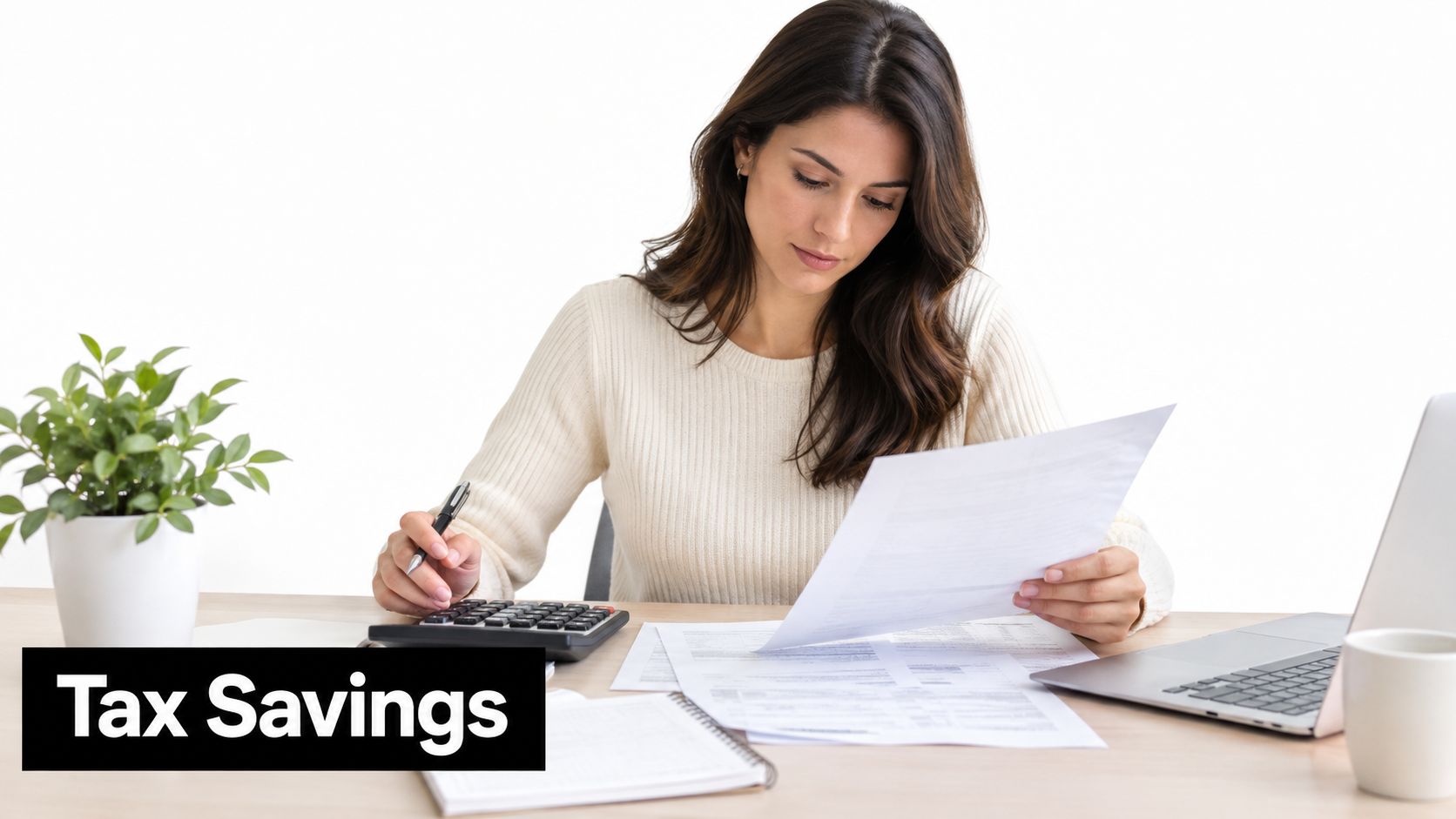 A focused woman reviewing financial documents and using a calculator to plan her tax savings strategy.