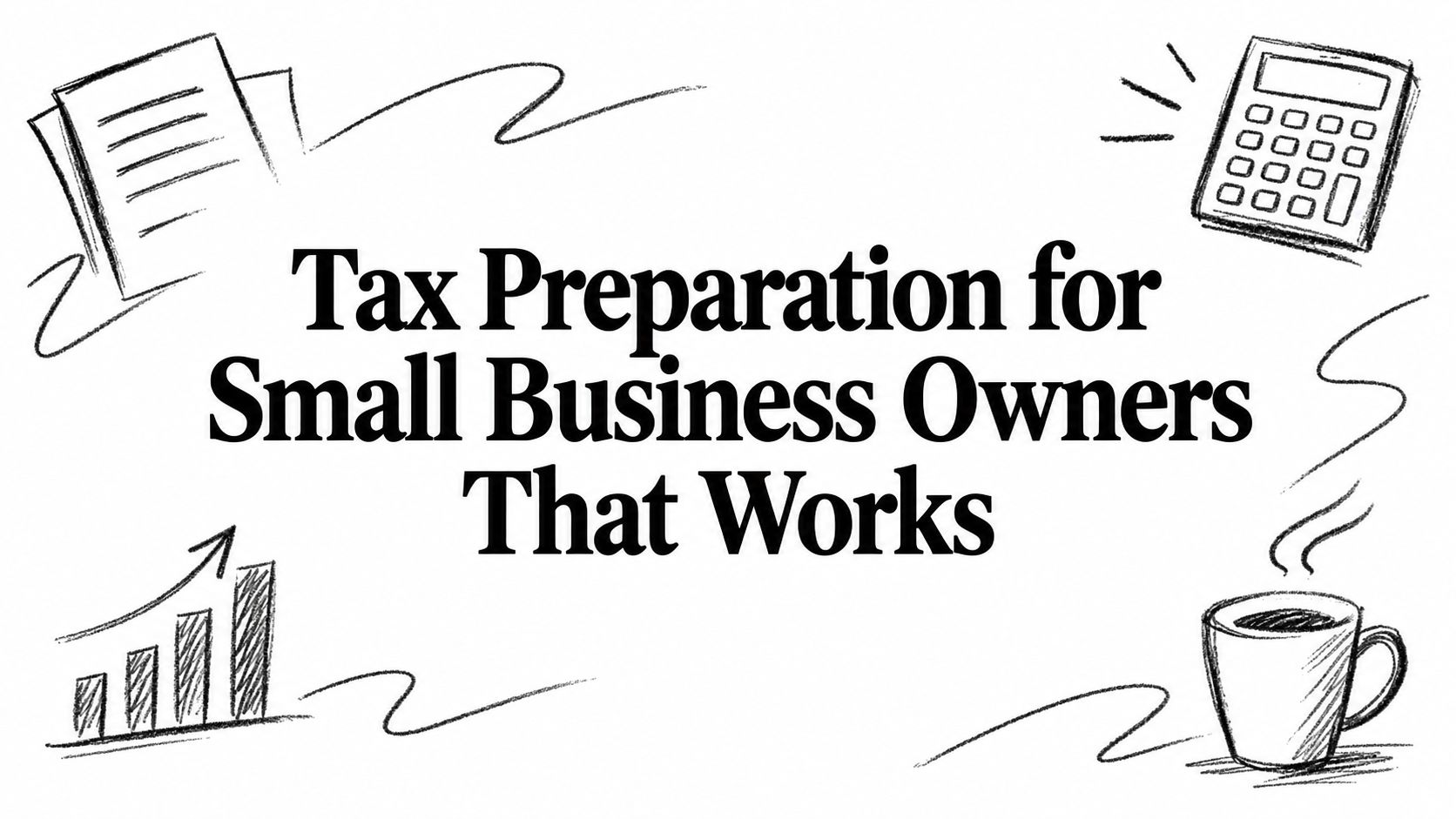 tax-preparation-for-small-business-owners-business-illustration Graphic with the title 'Tax Preparation for Small Business Owners That Works' and doodles of a calculator, coffee cup, and chart; conveys financial help for small businesses.