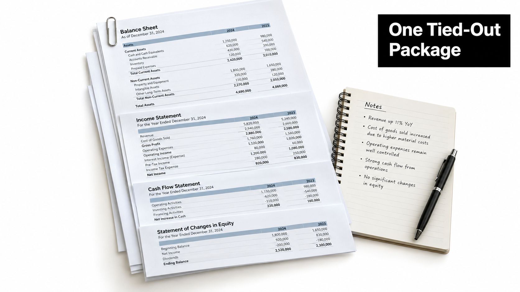 A paper bundle featuring a balance sheet, income statement, cash flow statement, and statement of equity documents.