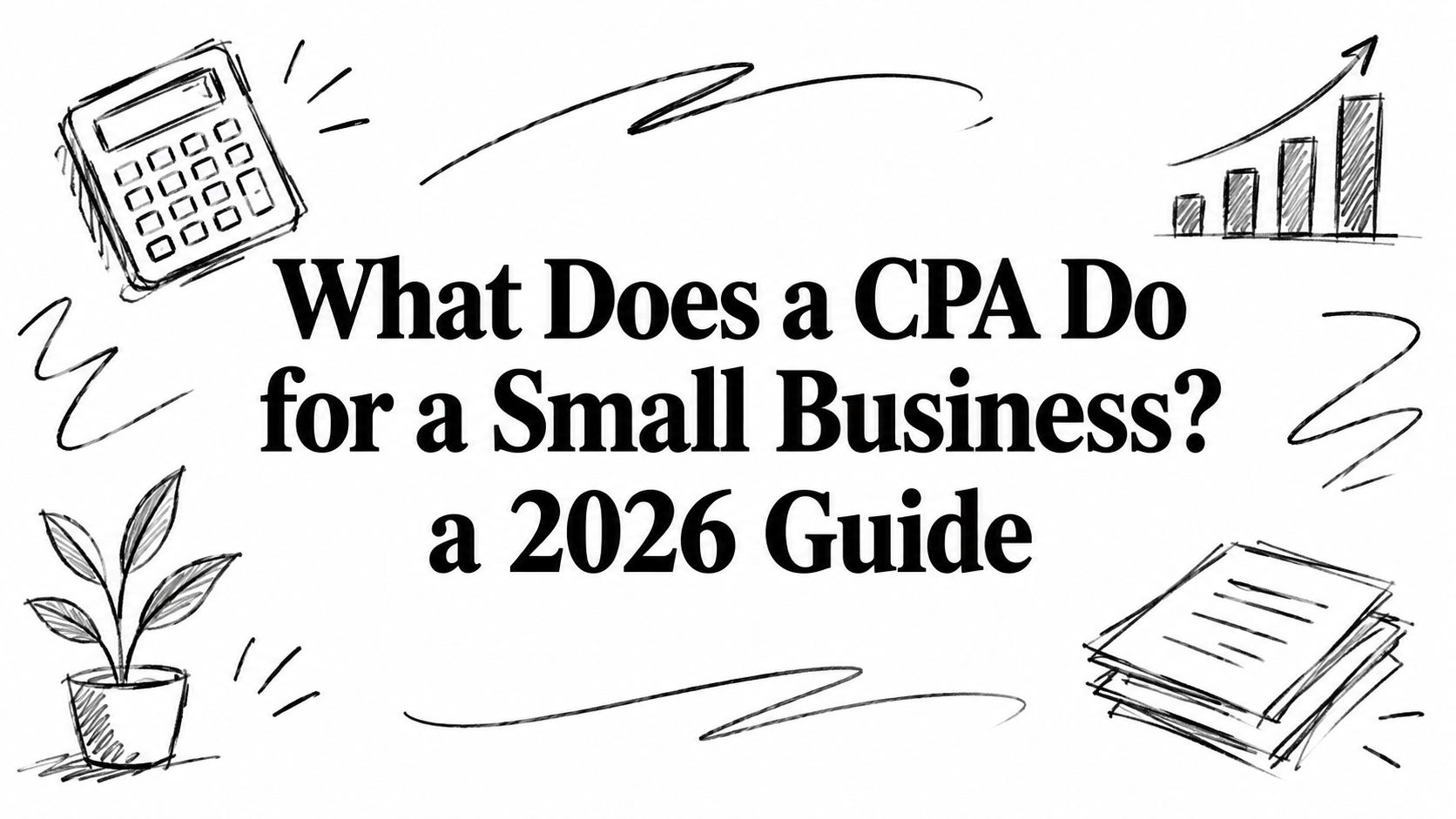 Title graphic: "What Does a CPA Do for a Small Business? a 2026 Guide" with doodles of a calculator, plant, documents, and a rising chart in a sketch style