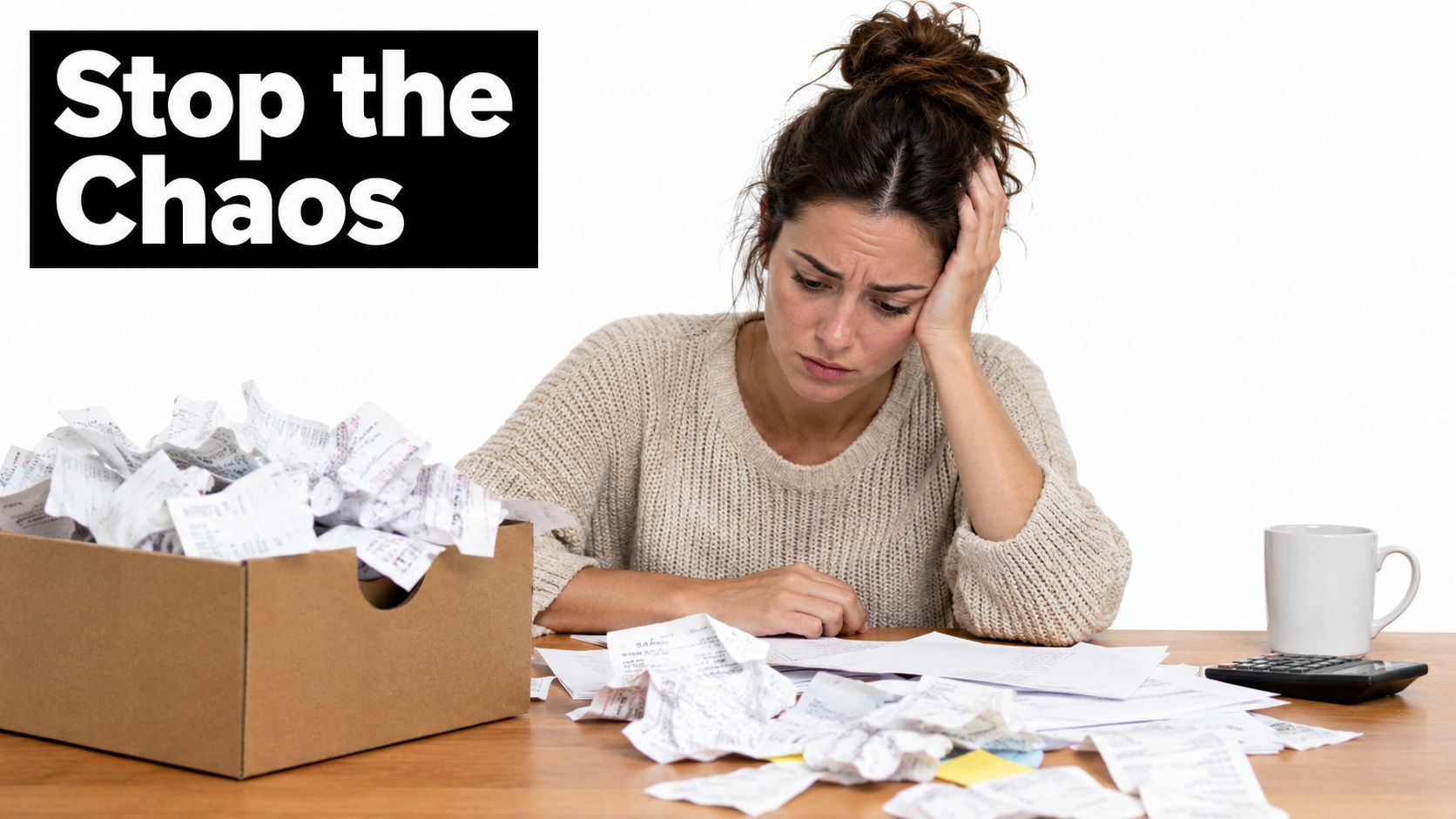 A woman feeling overwhelmed while organizing piles of crumpled financial receipts and documents at her desk.