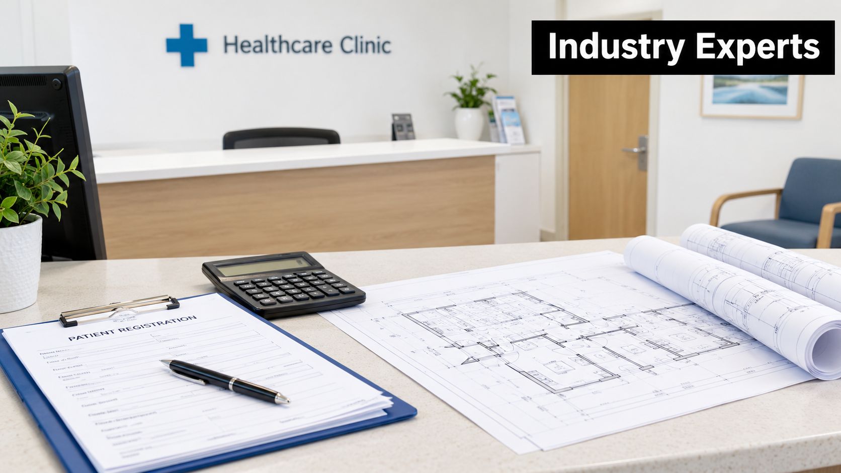 A registration form, calculator, and building blueprints on a medical reception desk at a clinic.