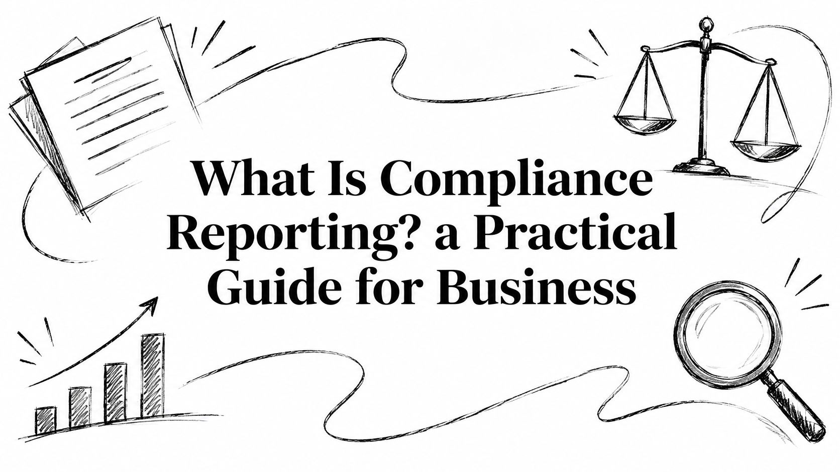Title card reading 'What Is Compliance Reporting? a Practical Guide for Business' with doodles of scales, magnifying glass, and bar chart scribbles on white background.