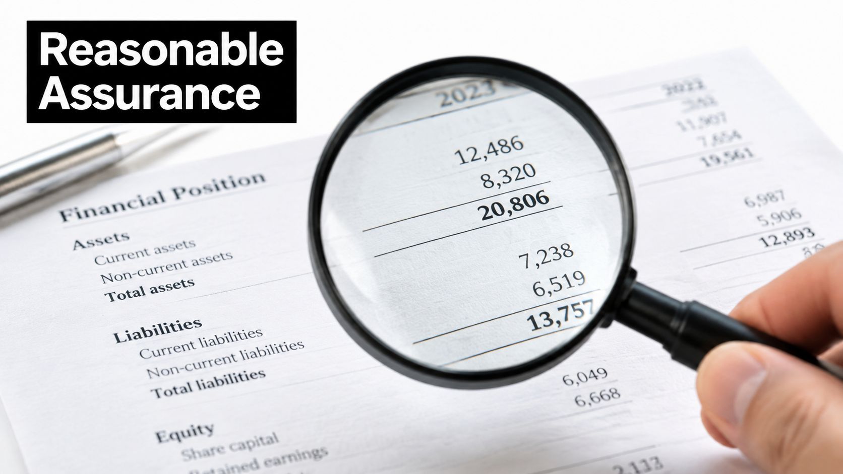 A hand holding a magnifying glass over a financial statement document labeled Financial Position.