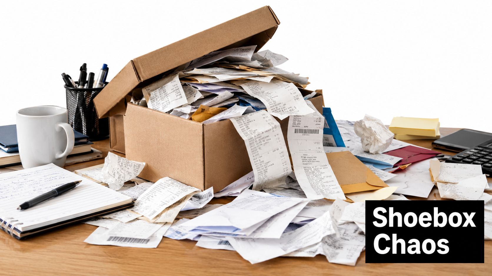 A cluttered desk featuring a brown cardboard box overflowing with crumpled receipts, invoices, and various paper documents.