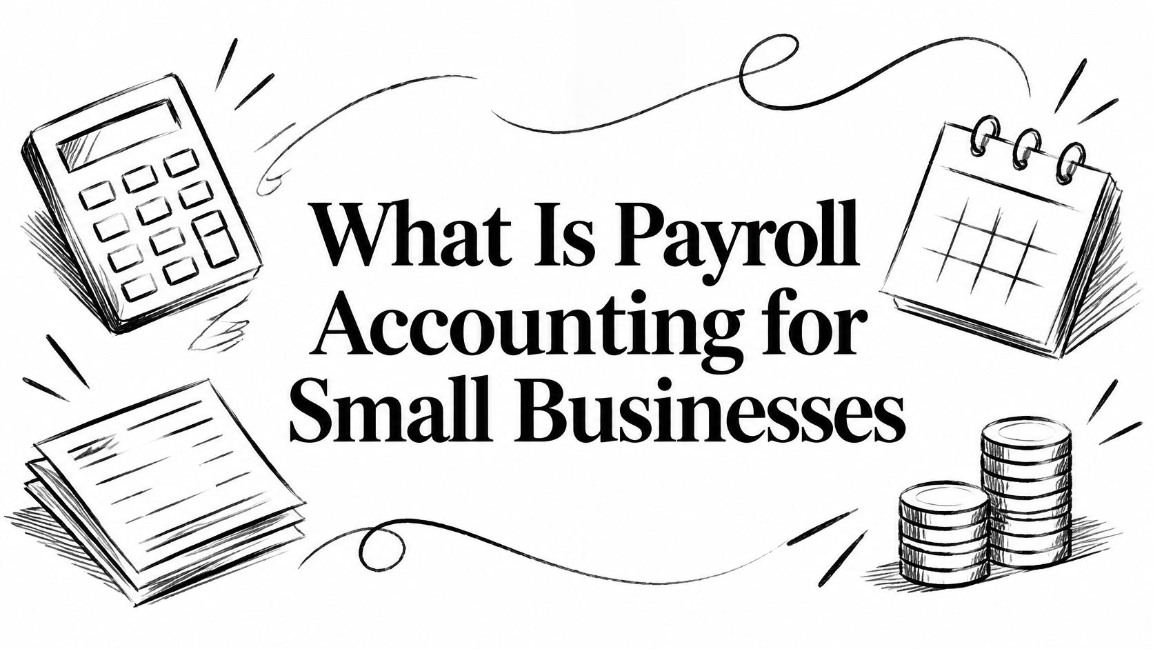 what-is-payroll-accounting-business-finance Header illustration for an article: the text 'What Is Payroll Accounting for Small Businesses' framed by a calculator, calendar, coins, and documents drawn in black and white.