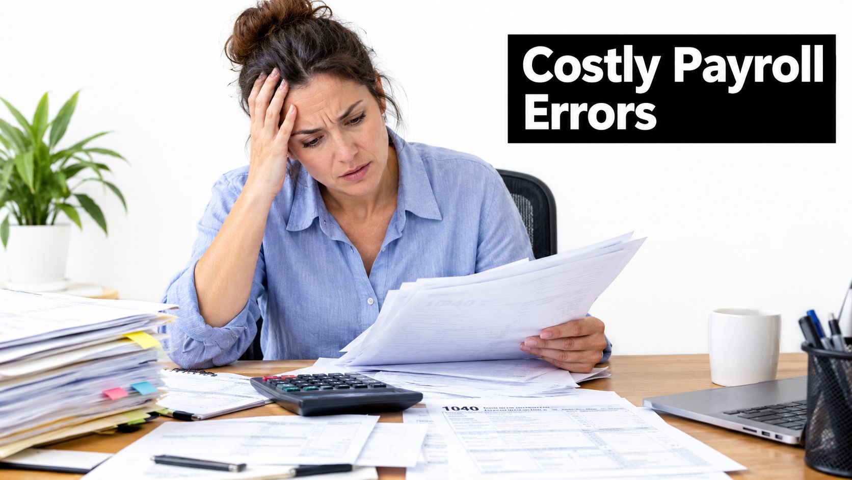 A stressed woman reviewing tax and payroll documents while sitting at a cluttered office desk.