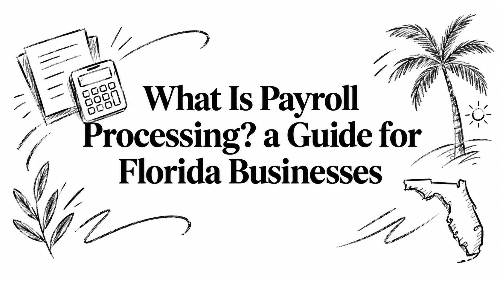 Illustrated banner with the title 'What Is Payroll Processing? a Guide for Florida Businesses' flanked by sketches of a palm tree, island, calculator and papers (informational header).