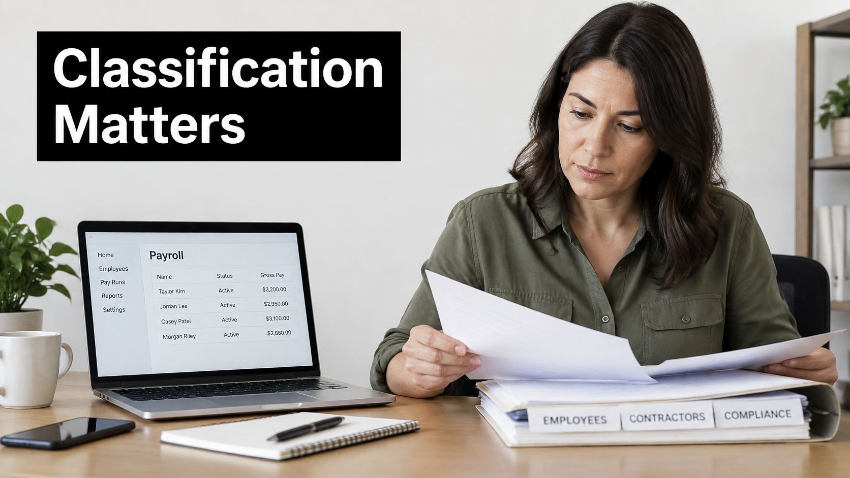 A professional woman reviewing employment documents next to a laptop displaying a digital payroll management screen.